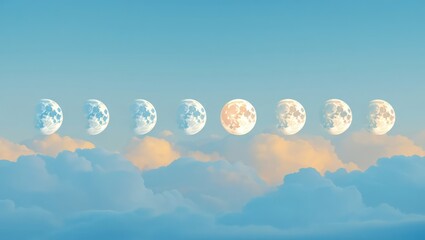 Phases of the moon aligned across a sky with clouds, representing astronomy and lunar cycle. Generative AI.