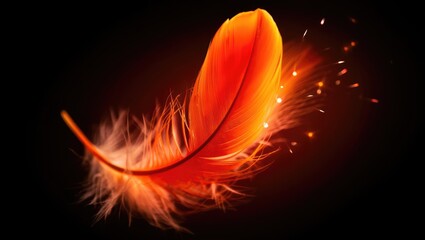 A glowing fiery feather floats in darkness, symbolizing fantasy, fire, and transformation. Generative AI.