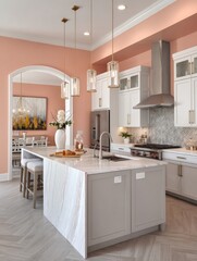 A contemporary kitchen boasts a warm, inviting atmosphere with a blush-pink accent wall, light gray cabinets, and a stunning white marble island.