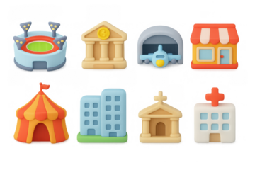 Colorful 3d icons of various buildings and structures for digital design