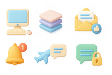 Pastel 3d icons of digital communication and technology elements