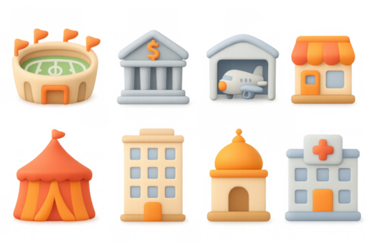 3d cartoon buildings collection: stadium, bank, airport, store, circus, hotel, museum, hospital