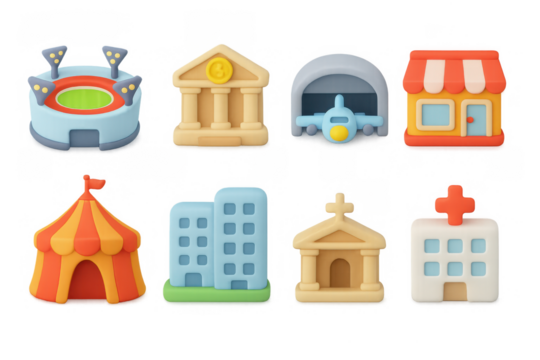 Colorful 3d icons of various buildings and structures for digital design