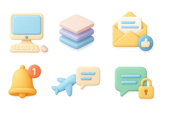 Pastel 3d icons of digital communication and technology elements