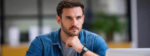 Thoughtful young man working on laptop in a modern office setting