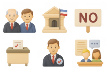 Flat style political icons with politicians, government building, and voting themes