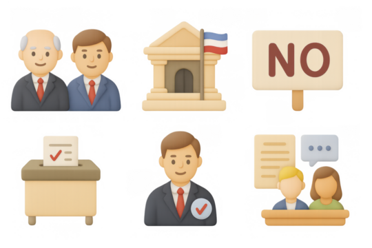 Flat style political icons with politicians, government building, and voting themes