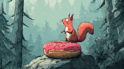 mischievous squirrel making off with a giant donut in forest background symbolizing food bandit wildlife humor snack stealing and playful animal behavior with funny character00