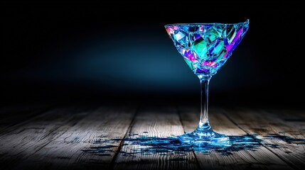 An abstract visualization of a vibrant colorful cocktail glass slowly cracking and draining of its color against a dark background.