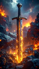 Fiery sword amidst volcanic rocks