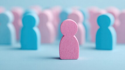 A pink and blue wooden figure stands out in a group of other figures