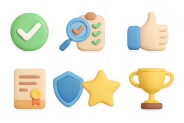 3d icons of checklist, trophy, and thumbs up for success and achievement concepts