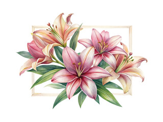 Watercolor Lily Arrangement with Pink and Cream Petals and Green Leaves