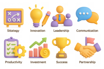 3d business strategy symbols: innovation, leadership, communication, and more in pastel colors