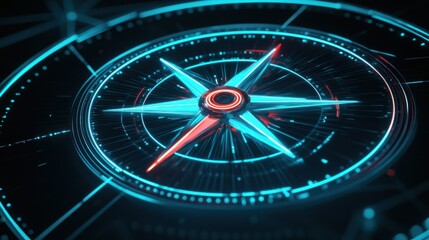 Futuristic compass graphic with glowing blue and red lines