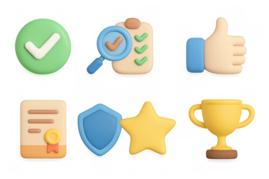 3d icons of checklist, trophy, and thumbs up for success and achievement concepts