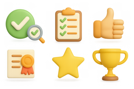 3d icon set: checklist, trophy, star, thumbs up, certificate, and checkmark with magnifier