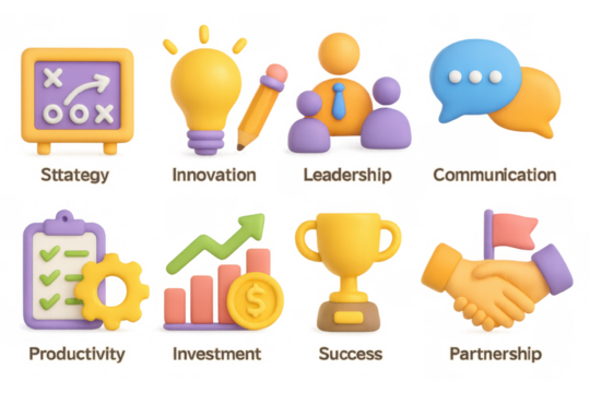 3d business strategy symbols: innovation, leadership, communication, and more in pastel colors