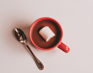 Close-up of a red cup of hot chocolate with hmallow and a silver spoon on a light plain background