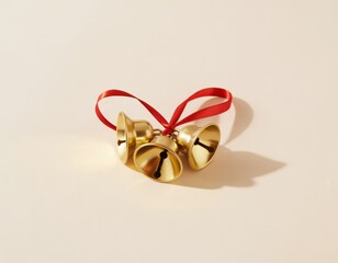 Small shiny gold jingle bells tied with a red satin ribbon on a plain white background for festive holiday decoration and Christmas ornament