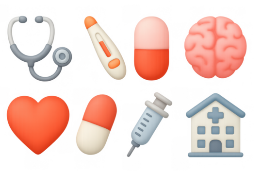Colorful medical icons set featuring stethoscope, brain, and syringe on white background