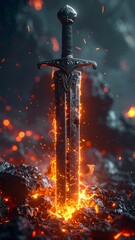 Fiery sword emerging from embers