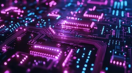 Obraz premium Close-up of glowing circuit board, vibrant pink and blue lights