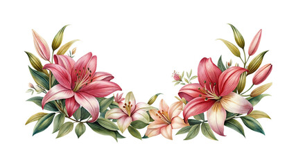 Elegant watercolor lily floral arrangement with pink blossoms and lush green foliage