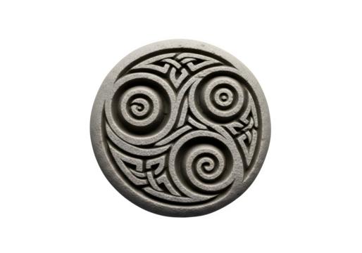 Celtic triskele symbol carved in stone isolated on transparent background, representing eternity, unity, and the interconnectedness of mind, body, and spirit