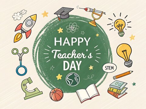Happy teachers day greeting with educational symbols and icons on a chalkboard background