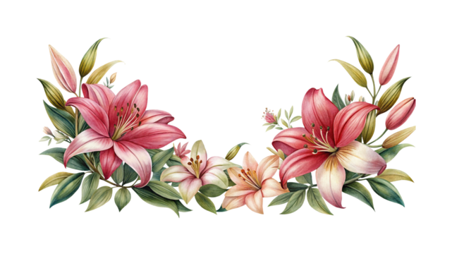 Elegant watercolor lily floral arrangement with pink blossoms and lush green foliage - Powered by Adobe