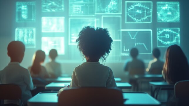 Children in classroom, holographic projections on wall - Powered by Adobe