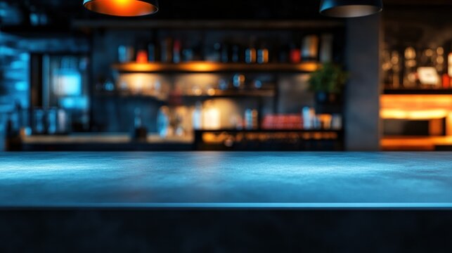 Dark, blurred bar counter with a smooth, blue-toned top