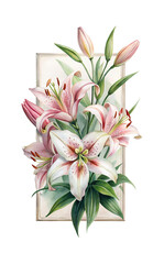 Elegant Watercolor Painting of Pink and White Lilies in a Rectangular Frame