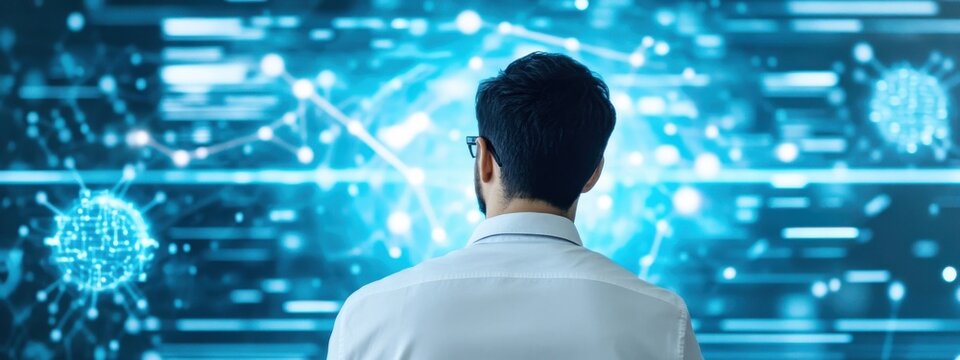 Man Analyzing Data Trends and Digital Graphics on Virtual Display
