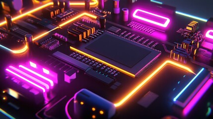 Close-up of glowing circuit board with vibrant neon lines