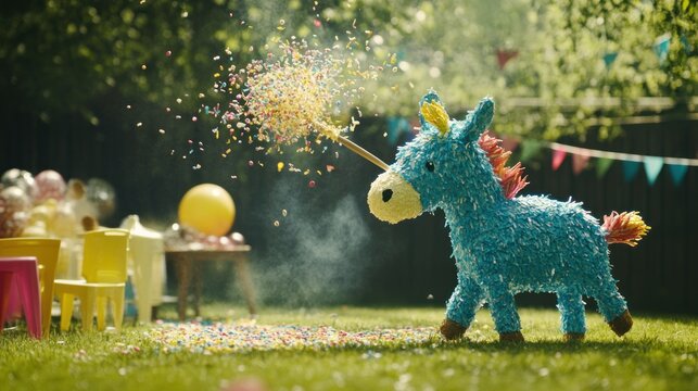 Blue unicorn pi?ata explodes with colorful confetti in a backyard party