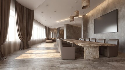 A spacious, sunlit interior showcases a long wooden table surrounded by comfortable seating, evoking a sense of calm and modern elegance within a neutral color palette.