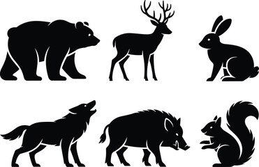 A collection of black and white silhouettes of various forest and wild animals, including a bear, deer, wolf, boar, rabbit, and squirrel, for graphic design.