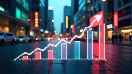 Gráfico de crecimiento económico con líneas nítidas y colores vibrantes superpuestos a un paisaje urbano suavemente borroso al anochecer