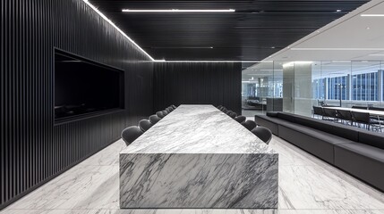 A modern conference room features a striking marble table as its centerpiece, surrounded by sleek black seating and a textured wall, creating a sophisticated and professional atmosphere.