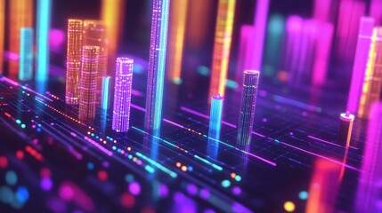 Fototapeta premium Abstract digital city, vibrant neon skyscrapers and glowing lines on a dark surface