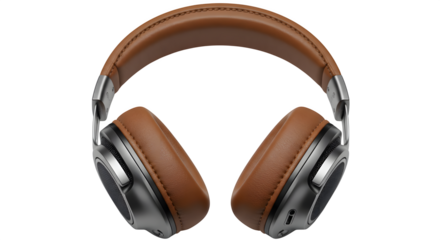 Brown leather headphones showcase modern design and soft lighting. Ideal for product shots, tech ads, or music-related branding.