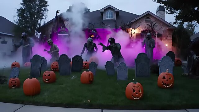 Epic wide shot of a suburban homes elaborate Halloween display with animatronic ghouls, fog machine, and dramatic purple and orange lighting.