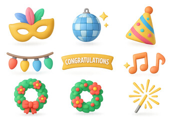 Fototapeta premium Festive icon set: party mask, disco, and celebration elements in 3d design