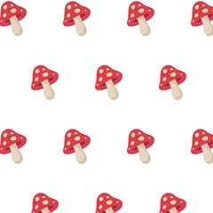 Seamless pattern with red fly agaric mushrooms on white background, cute autumn forest design