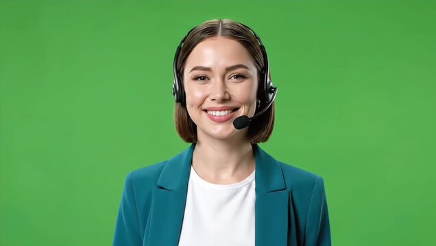 Friendly female call center agent with a headset smiling cheerfully at the camera on a chroma key background