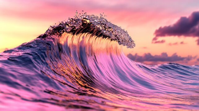 Epic ocean wave at sunset, vibrant pink and gold hues