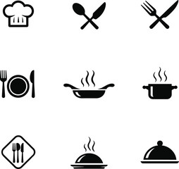 A collection of professional black cooking icons for a menu or website, including a chef hat, utensils, a frying pan, 