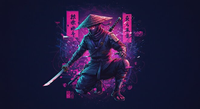 A cyberpunk ninja warrior in a dynamic crouching pose, holding a katana sword against a futuristic, neon-lit background with Japanese characters.